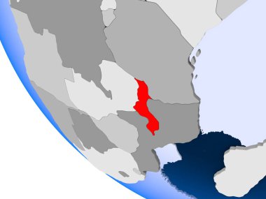 Malavi Haritası kırmızı şeffaf okyanuslar ile siyasi dünya üzerinde. 3D çizim.