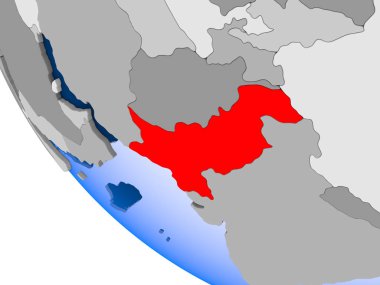 Pakistan Haritası kırmızı şeffaf okyanuslar ile siyasi dünya üzerinde. 3D çizim.