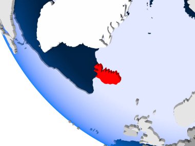 İzlanda Haritası kırmızı şeffaf okyanuslar ile siyasi dünya üzerinde. 3D çizim.