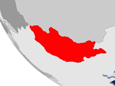 Moğolistan haritası kırmızı şeffaf okyanuslar ile siyasi dünya üzerinde. 3D çizim.