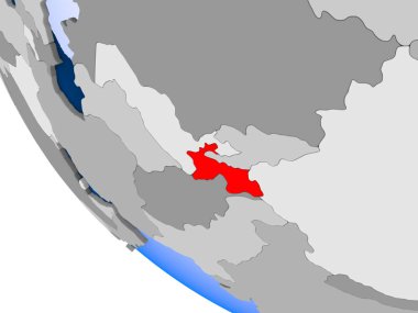 Tacikistan Haritası kırmızı şeffaf okyanuslar ile siyasi dünya üzerinde. 3D çizim.