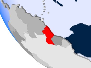 Guyana Haritası kırmızı şeffaf okyanuslar ile siyasi dünya üzerinde. 3D çizim.