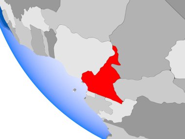 Kamerun Haritası kırmızı şeffaf okyanuslar ile siyasi dünya üzerinde. 3D çizim.