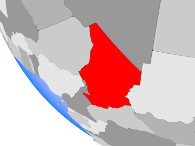 Çad Haritası kırmızı şeffaf okyanuslar ile siyasi dünya üzerinde. 3D çizim.