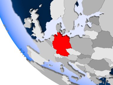 Almanya Haritası kırmızı şeffaf okyanuslar ile siyasi dünya üzerinde. 3D çizim.