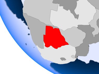 Botsvana Haritası kırmızı şeffaf okyanuslar ile siyasi dünya üzerinde. 3D çizim.