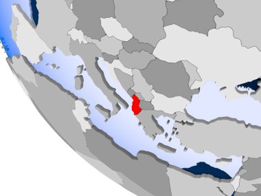 Arnavutluk Haritası kırmızı şeffaf okyanuslar ile siyasi dünya üzerinde. 3D çizim.