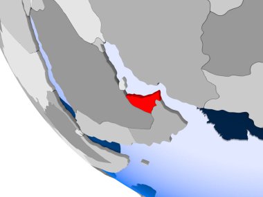 Birleşik Arap Emirlikleri Haritası kırmızı şeffaf okyanuslar ile siyasi dünya üzerinde. 3D çizim.