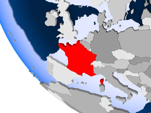 Mapa Francie Červené Barvě Politické Zeměkoule Transparentní Oceány Obrázek — Stock fotografie