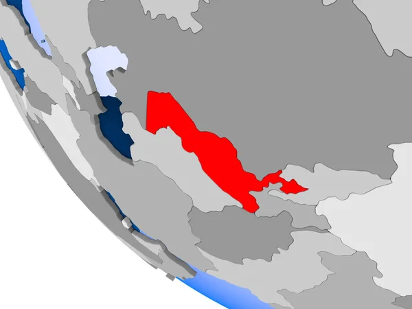 Mapa Uzbekistánu Červené Barvě Politické Zeměkoule Transparentní Oceány Obrázek — Stock fotografie