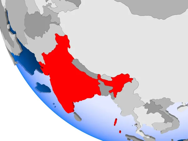 Mappa Dell India Rosso Sul Globo Politico Con Oceani Trasparenti — Foto Stock