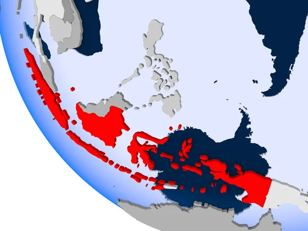 Mappa Dell Indonesia Rosso Sul Globo Politico Con Oceani Trasparenti — Foto Stock