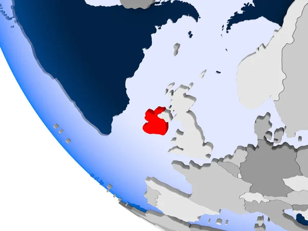 Map of Ireland in red on political globe with transparent oceans. 3D illustration.