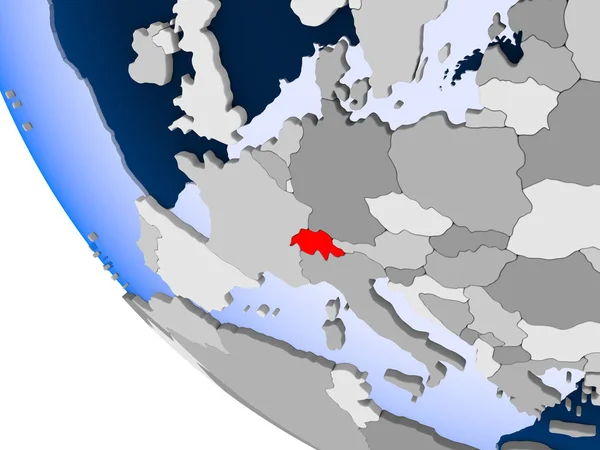 Mapa Suiza Rojo Sobre Globo Político Con Océanos Transparentes Ilustración — Foto de Stock