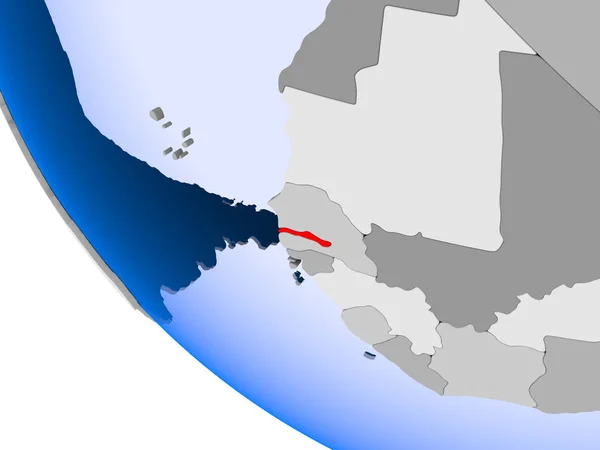 Mapa Gambia Rojo Sobre Globo Político Con Océanos Transparentes Ilustración —  Fotos de Stock