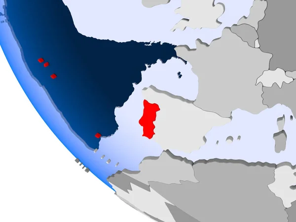 Mappa Del Portogallo Rosso Sul Globo Politico Con Oceani Trasparenti — Foto Stock