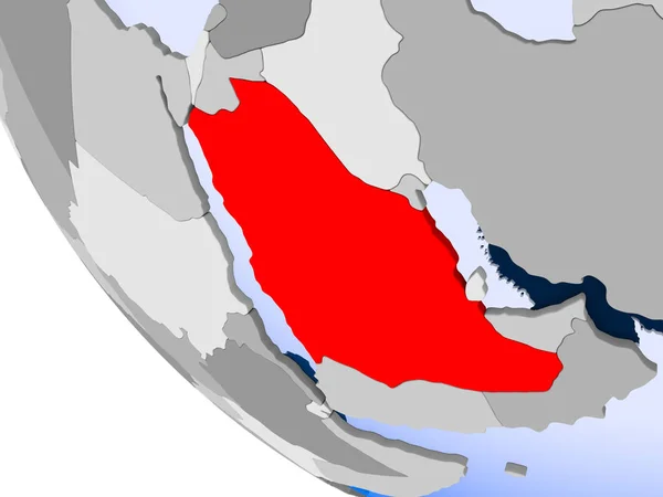 Mappa Dell Arabia Saudita Rosso Sul Globo Politico Con Oceani — Foto Stock