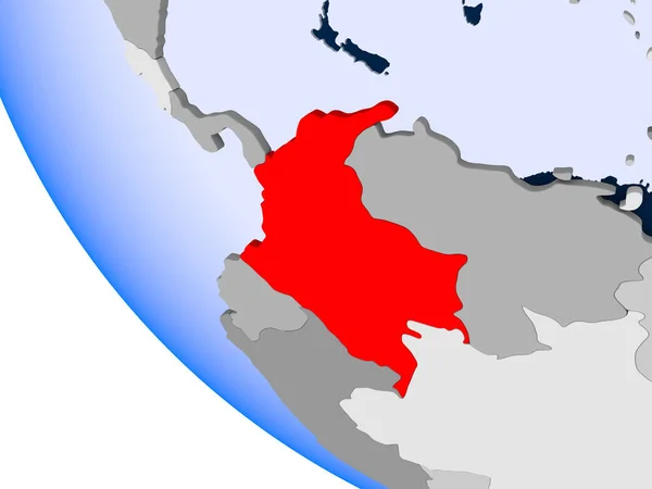 Kaart Van Colombia Het Rood Politieke Wereldbol Met Transparante Oceanen — Stockfoto