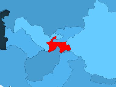 Tacikistan kırmızı şeffaf okyanuslar ile mavi siyasi harita üzerinde. 3D çizim.
