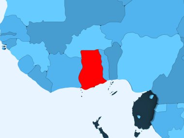 Şeffaf okyanuslar ile mavi siyasi haritada kırmızı Gana. 3D çizim.