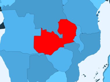 Zambiya yılında şeffaf okyanuslar ile mavi siyasi haritada kırmızı. 3D çizim.