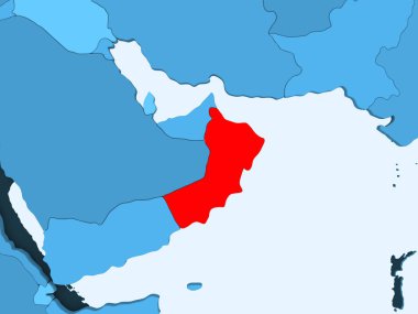 Umman kırmızı şeffaf okyanuslar ile mavi siyasi harita üzerinde. 3D çizim.