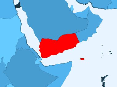 Şeffaf okyanuslar ile mavi siyasi haritada kırmızı Yemen'de. 3D çizim.