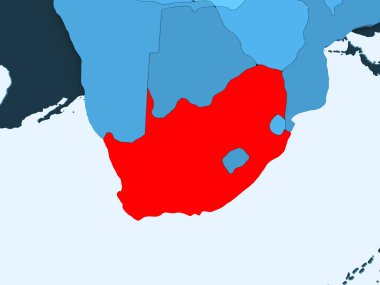Güney Afrika'da şeffaf okyanuslar ile mavi siyasi haritada kırmızı. 3D çizim.