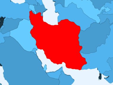 İran'da şeffaf okyanuslar ile mavi siyasi haritada kırmızı. 3D çizim.