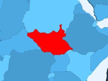Güney Sudan kırmızı şeffaf okyanuslar ile mavi siyasi harita üzerinde. 3D çizim.