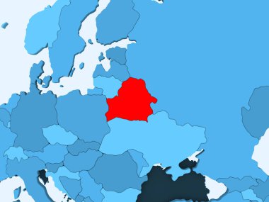 Beyaz Rusya'da şeffaf okyanuslar ile mavi siyasi haritada kırmızı. 3D çizim.