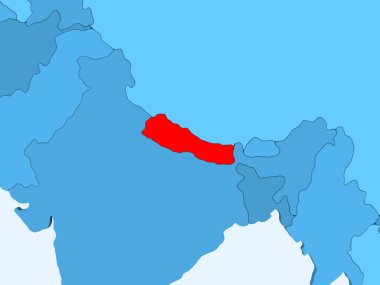 Şeffaf okyanuslar ile mavi siyasi haritada kırmızı Nepal'de. 3D çizim.