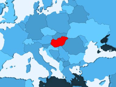 Şeffaf okyanuslar ile mavi siyasi haritada kırmızı Macaristan'da. 3D çizim.