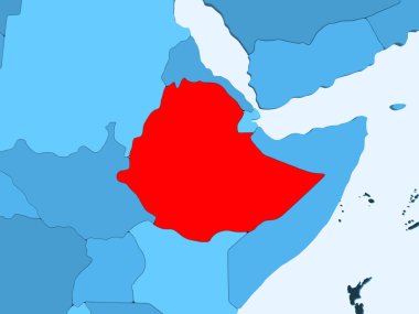 Şeffaf okyanuslar ile mavi siyasi haritada kırmızı Etiyopya'da. 3D çizim.