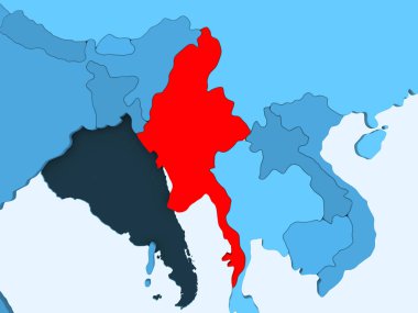 Myanmar kırmızı şeffaf okyanuslar ile mavi siyasi harita üzerinde. 3D çizim.