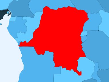 Demokratik Kongo Cumhuriyeti kırmızı şeffaf okyanuslar ile mavi siyasi harita üzerinde. 3D çizim.