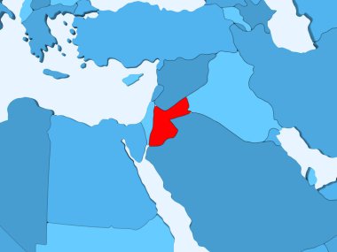 Jordan kırmızı şeffaf okyanuslar ile mavi siyasi harita üzerinde. 3D çizim.