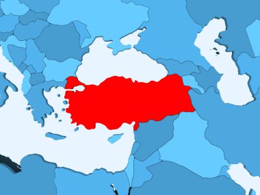 Türkiye'de şeffaf okyanuslar ile mavi siyasi haritada kırmızı. 3D çizim.