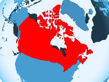 Şeffaf okyanuslar ile mavi siyasi haritada kırmızı Kanada'da. 3D çizim.