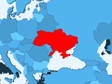 Ukrayna kırmızı şeffaf okyanuslar ile mavi siyasi harita üzerinde. 3D çizim.