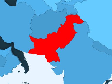 Şeffaf okyanuslar ile mavi siyasi haritada kırmızı Pakistan'da. 3D çizim.