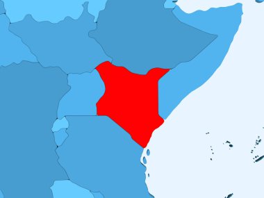 Şeffaf okyanuslar ile mavi siyasi haritada kırmızı Kenya'da. 3D çizim.