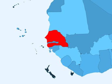 Senegal kırmızı şeffaf okyanuslar ile mavi siyasi harita üzerinde. 3D çizim.