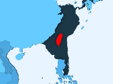 Tayvan kırmızı şeffaf okyanuslar ile mavi siyasi harita üzerinde. 3D çizim.