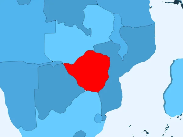 Zimbabwe in red on blue political map with transparent oceans. 3D illustration.