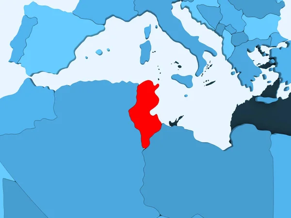Túnez Rojo Sobre Azul Mapa Político Con Océanos Transparentes Ilustración — Foto de Stock