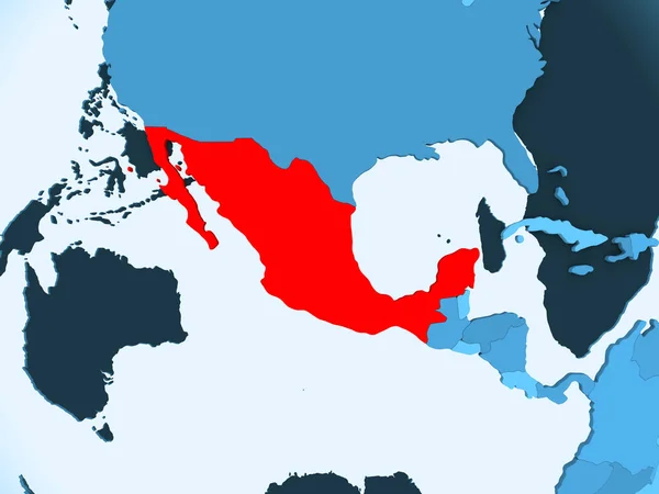 Mexico in red on blue political map with transparent oceans. 3D illustration.