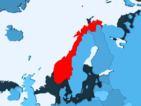 Noruega Rojo Sobre Azul Mapa Político Con Océanos Transparentes Ilustración —  Fotos de Stock