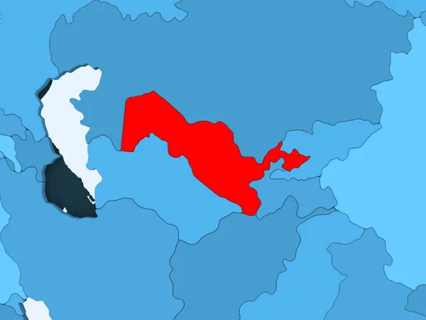 Özbekistan Kırmızı Şeffaf Okyanuslar Ile Mavi Siyasi Harita Üzerinde Çizim — Stok fotoğraf