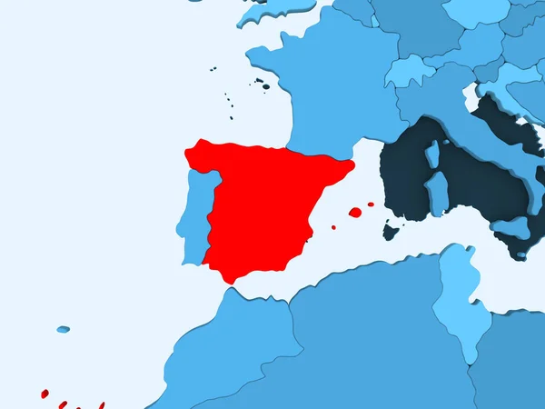 Espanha Vermelho Mapa Político Azul Com Oceanos Transparentes Ilustração — Fotografia de Stock